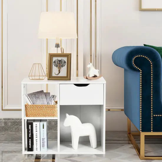 Costway 3-tier Side Table W/Storage Shelf&Drawer Space-saving Nightstand White {5}