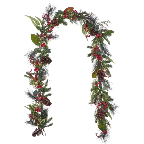 Christmas Magnolia Leaf, Eucalyptus, and Berry 9ft Garland, Pre-Lit with 50 LED Fairy Lights B/O {1}