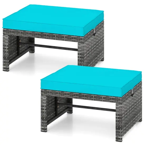 Costway Patio Ottomans Set of 2 PE Rattan Footstools with Removable Cushions & Metal Frame Red/Gray/Black/White/Turquoise/Navy {9}