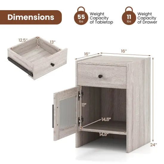 Costway 1/2 PCS Farmhouse Nightstand Fluted Bed Side Table with Large Drawer & Enclosed Cabinet {3}