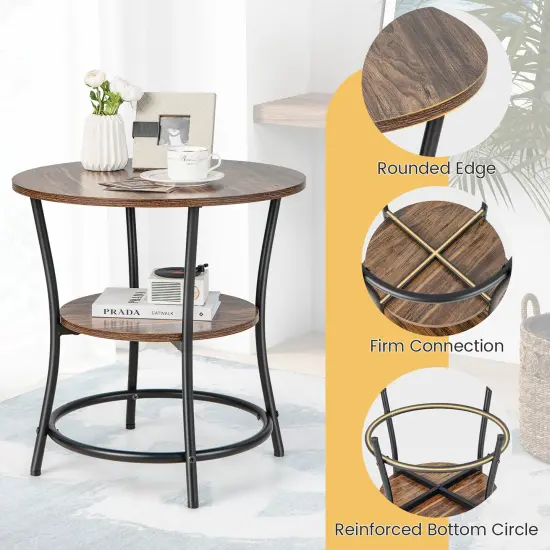 Costway 2 PCS 2-Tier Sofa Side End Table Round Nightstand with Sturdy Metal Frame Brown/Oak {6}