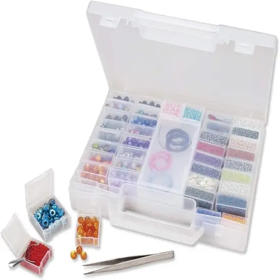 The Beadsmith Bead Organizer Carrying Case, 55 piece set, with removable compartments in assorted sizes, a carrying case, plus a bead scoop and tweezer. {1}