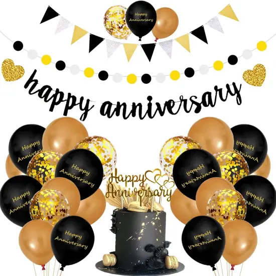 Happy Wedding Decorations &ndash; Gold & Black Banner, Cake Topper, Balloons & Hanging Decor {1}