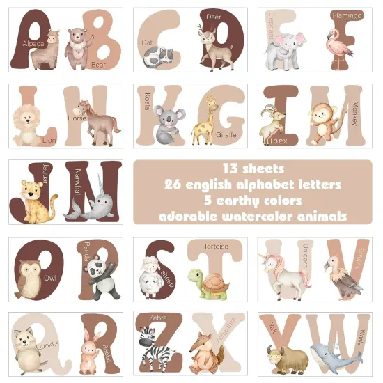 Extra Large 6 Inch Neutral Animal Alphabet Wall Decals 26 English ABC Stickers {5}