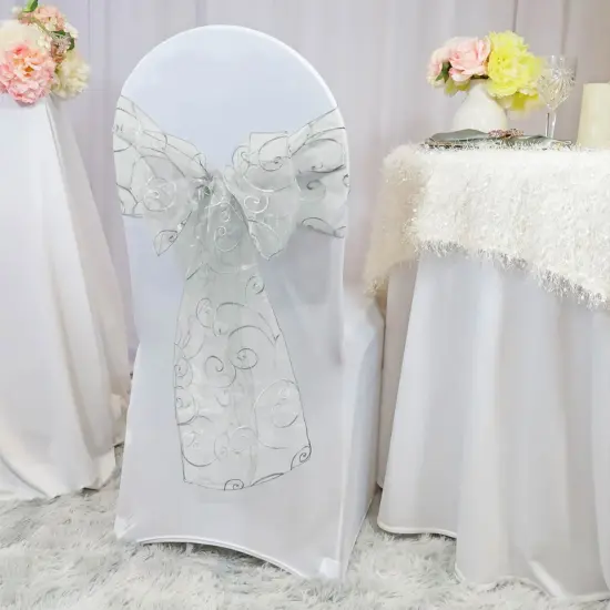 10 Pieces Silver Embroidered Organza Chair Sashes 8"x108" Elegant Event & Wedding Decor {2}