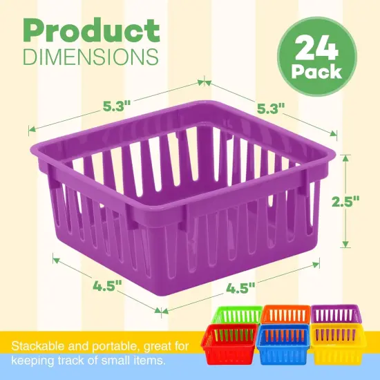24 Pack Small Classroom Storage Baskets, Pack Bulk, Square 4.5" Sturdy Plastic Colorful Crayon & Pencil Container, Organizer Bins for Desk for Classrooms Supplies, Office, Toy Storage {3}