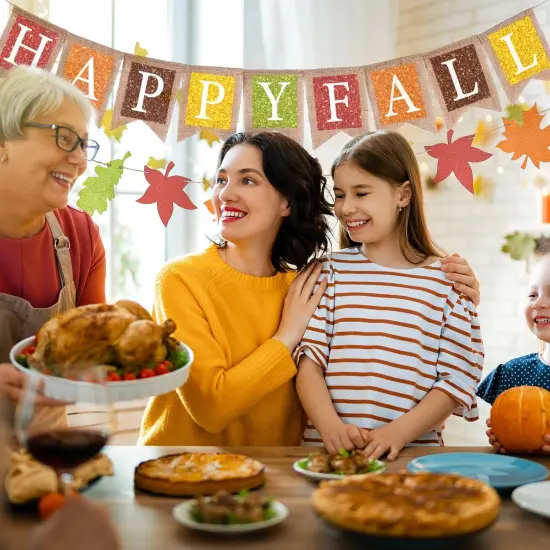 Happy Fall Burlap Banner Colorful Maple Leaf Glitter {3}