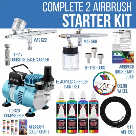 Cool Runner II Dual Fan Air Compressor Airbrushing Acrylic Paint System Kit with 2 Airbrushes, Hose - 6 Primary Paint Colors Set - How To Guide {2}
