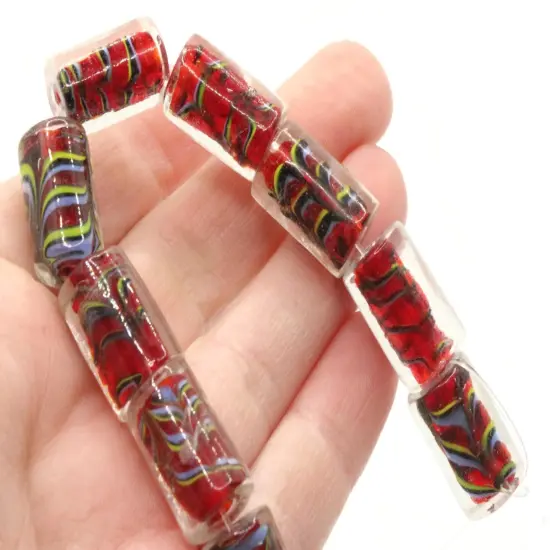 11 18mm Red with Yellow and Blue Striped Lampwork Glass Tube Beads {4}