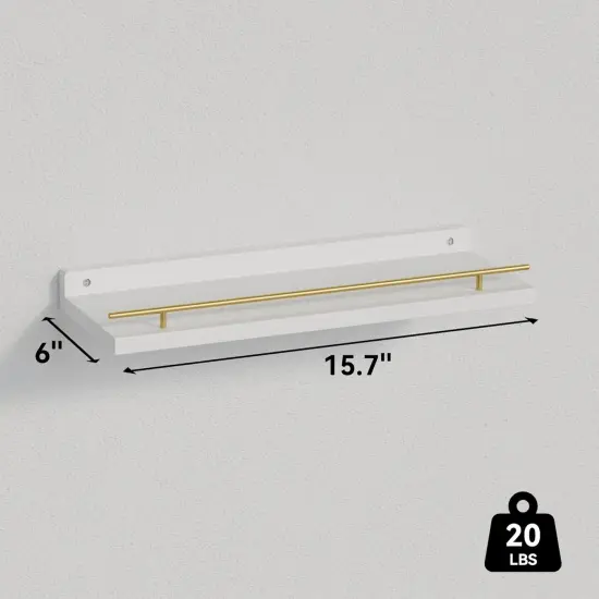 Floating Shelves with Gold Metal Guardrail, Shelves for Wall Decor Set of 3, Wall Shelves for Bedroom, Bathroom, Kitchen, Living Room, Plants, Picture Frames, Art- White and Gold {3}