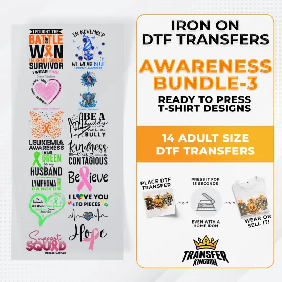 Iron on DTF Transfer Awareness Month Bundle 3 - 14 Best Seller T-shirt Designs Ready To Press {1}