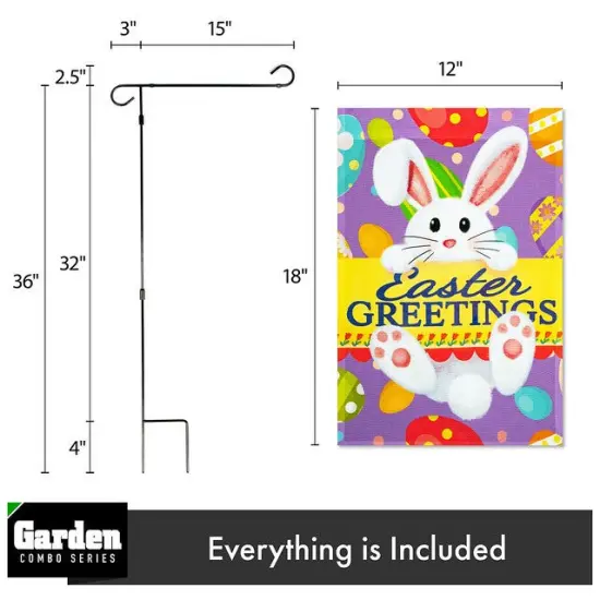 G128 Combo Pack: Garden Flag Stand Black 36x16 Inch & Garden Flag Easter Greetings with White Bunny Eggs 12x18 Inch {2}