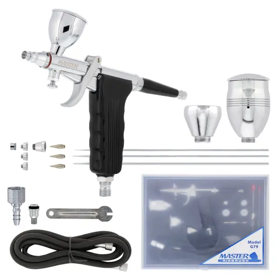 Master Hi-Flow G79 All-Purpose Pistol Trigger Gravity Feed Airbrush Set, 3 Nozzle Sets, 3 Cup Sizes & 6 ft. Air Hose {1}