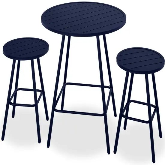 Best Choice Products 3-Piece Steel Patio Bar Height Round Bistro Set w/ Backless Stools, Slatted Design Navy {1}