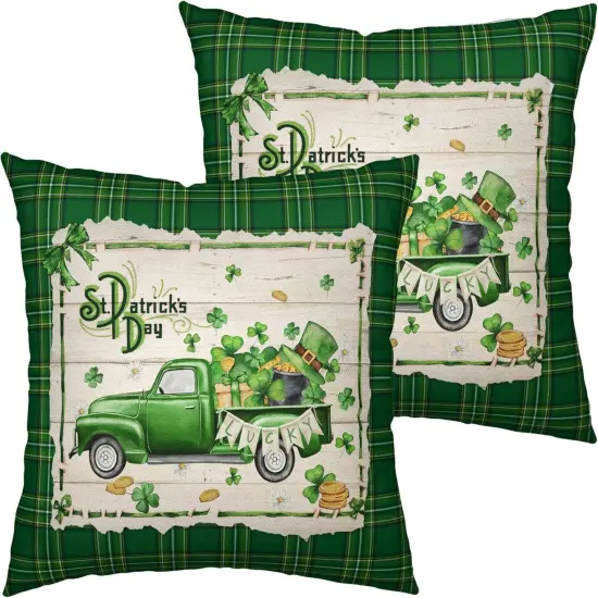 St Patricks Pillows Covers 18x18 Lucky Green Truck Filled with Shamrock Hat Gold Coin Throw Pillow Covers Green Buffalo Plaid {1}