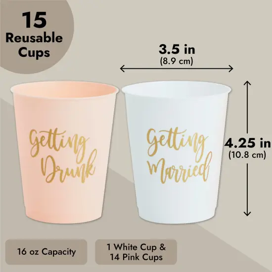 15 Pack Reusable Bachelorette Party Cups, 16 Oz, Plastic Tumblers for Bridal Shower or Getting Married Party, White and Pink {5}