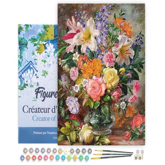 Figured'Art Paint by Numbers for Adults with Frame Flowers in All colors 16"x20" - Craft Art Painting DIY Kit Canvas Already Stretched on a Wooden Frame {1}