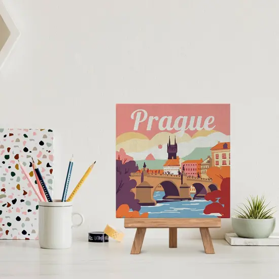 Figured'Art Mini Paint by Numbers Kit for Adults with Frame Travel Poster Prague Small format 8"x8" - Craft Art Painting DIY Canvas Already Stretched on a Wooden Frame {2}