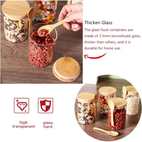Glass Jars with Bamboo Lids and Wooden Spoons Set of 4, Coffee Tea Sugar Container Set for Loose Tea Canister Storage, Overnight Oats Containers with Scoop for Seasoning, Coffee, Yogurt {4}