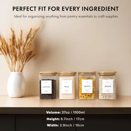 Glass Storage Containers with Bamboo Lids 37fl.oz [Extra Thick Glas] with 72 Pantry Labels - Canister For Pantry Noodles Flour Cereal Rice Sugar Tea Coffee Beans - Square Set of 4x {3}