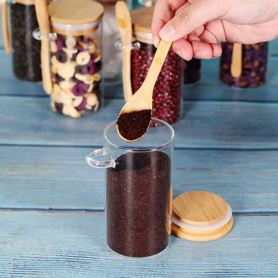 Set of 8 Glass Jars with Bamboo Lids and Spoons, 10 OZ Airtight Small Glass Tea Containers for Loose Tea, Coffee and Sugar Glass Container for Yogurt Jars with Lids {4}