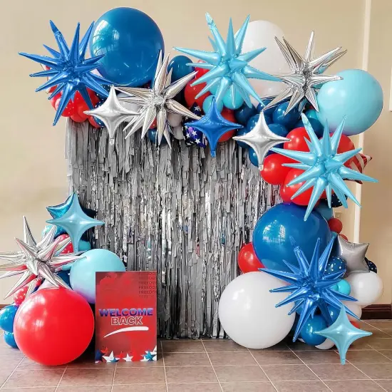 Blue Silver Star Balloons,Explosion Star Balloons Kit with 6Pcs 22Inch Cone Star Foil Balloons and 10Pcs 10Inch Four Pointed Star Balloons {3}