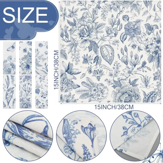 24 Pcs Cloth Napkins Plants Butterfly Soft Reusable Napkin Country French Cotton Dinner Towel Decorative Washable Towels for Spring Summer Fall Party(Blue White Flower,24 Pcs) {2}
