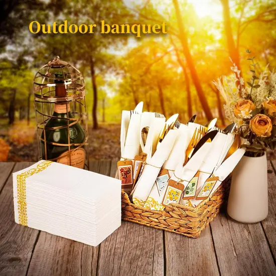 White Dinner Paper Napkins with Pocket Disposable 100 Pack Yellow Trim Linen Feel Wedding Reception Napkins Hand Paper Towels Folded Lunch Napkins for Party, Bathroom (16 x 16 inch) {4}