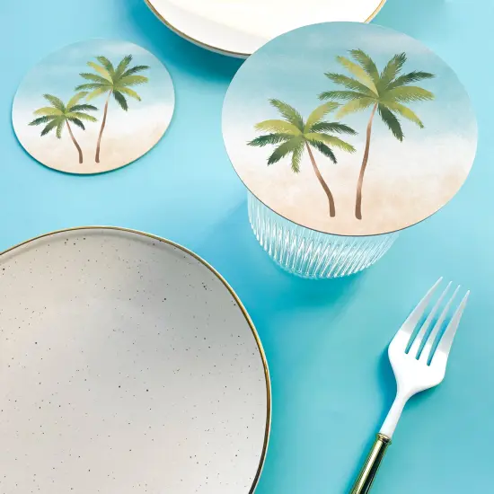 Big Dot of Happiness 25 Ct Palm Tree Beach Drink Coasters, 4-Inch Disposable Round Paper Coasters for Tropical Weddings or Engagement Party {4}