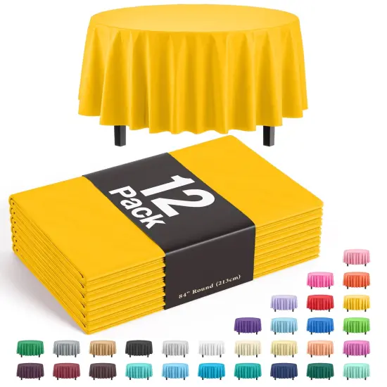 Exquisite Disposable Round Plastic Tablecloths &ndash; 12 Pack 84" Disposable Table Cloths &ndash; Indoor/Outdoor Party Tablecloth &ndash; Round Plastic Table Cover for Events & Party Supplies Yellow {1}