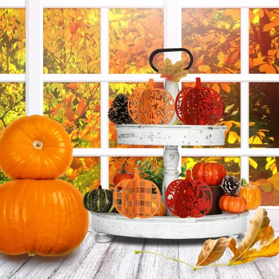 12 Pcs Fall Decor Pumpkin Wooden Table Sign Autumn Pumpkin Tiered {4}