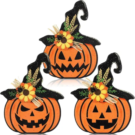 3 Pieces Halloween Pumpkin Wooden Table Sign Tiered Tray Decor {1}