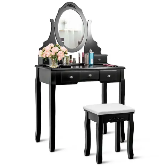 Costway Vanity Jewelry Wooden Makeup Dressing Table Set W/Stool Mirror & 5 Drawers Black {2}
