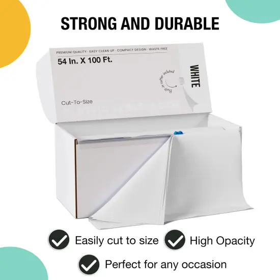 Exquisite Party Solids 54" x 100' Plastic Table Cover Roll with Slide Cutter &ndash; Cut-to-Size Dispenser Box &ndash; Makes Up to 36 Disposable 8' Rectangle Tablecloths White {3}