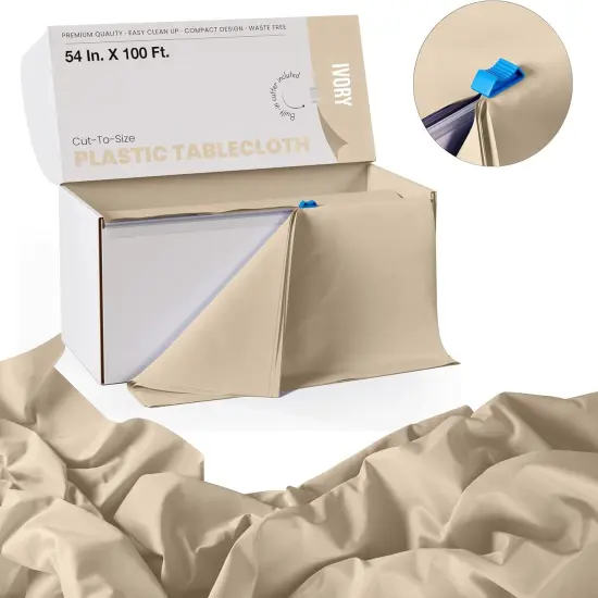 Exquisite Party Solids 54" x 100' Plastic Table Cover Roll with Slide Cutter &ndash; Cut-to-Size Dispenser Box &ndash; Makes Up to 36 Disposable 8' Rectangle Tablecloths Ivory {4}
