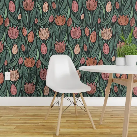 Pre-Pasted Wallpaper 2FT Wide Block Print Tulips Moody Botanical Farmhouse Flowers Cottagecore Floral Black Green Pink Custom Pre-pasted Wallpaper by Spoonflower {1}