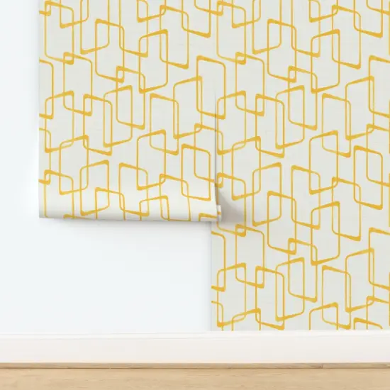 Peel & Stick Wallpaper 2FT Wide Yellow Geometric Shapes Pattern Lino Print Texture Custom Removable Wallpaper by Spoonflower {2}