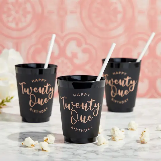 Black and Gold 21st Birthday Party Cups, Reusable Plastic Tumblers (16 oz, 16 Pack) {2}