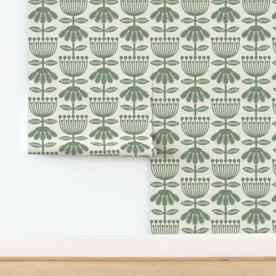 Pre-Pasted Wallpaper 2FT Wide Scandi Flowers Green Hand Drawn Floral Scandinavian Folk Art Cottagecore Farmhouse Custom Pre-pasted Wallpaper by Spoonflower {2}