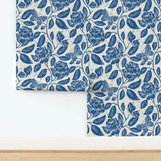 Peel & Stick Wallpaper 2FT Wide Blue Block Print Butterflies Flowers Traditional Botanical Toile Peonies Cottagecore Custom Removable Wallpaper by Spoonflower {2}