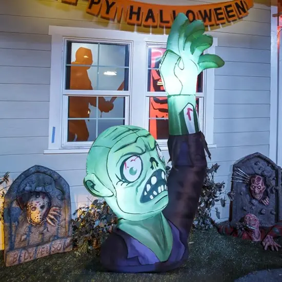 GOOSH 5FT Halloween Inflatables Zombies Blow Up Yard Terror Green Zombies Raise Hands with Built-in LEDs {3}