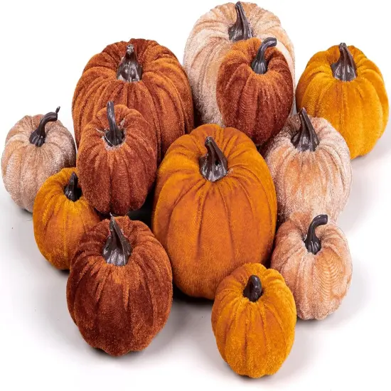 12Pcs Fall Artificial Pumpkins 3 Sizes Fake Velvet Pumpkin {1}