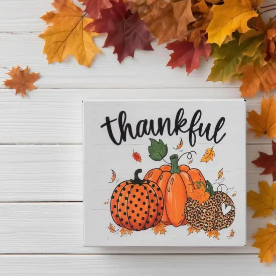 Fall Decorations for Home Office, Rustic Thankful Pumpkin Wood6 x 6 Inches {5}