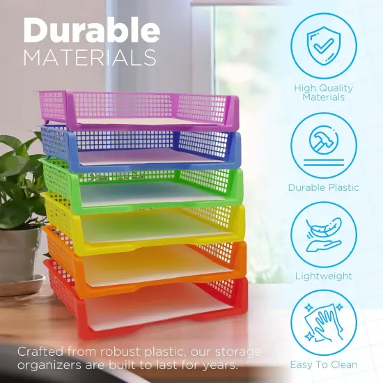 4E's Novelty 6 Colorful Plastic Trays for Teachers, Durable Turn in Trays, Classroom Paper Organizers, Stackable Storage Baskets for Office Desk, Classroom Organization Supplies, 13.3"L x 9.2"W x 3"H {4}