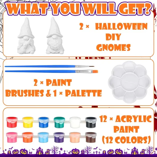 2 Pack Halloween Ready to Paint Your Own Gnome Statues, 4 Spider Web Pumpkin {2}
