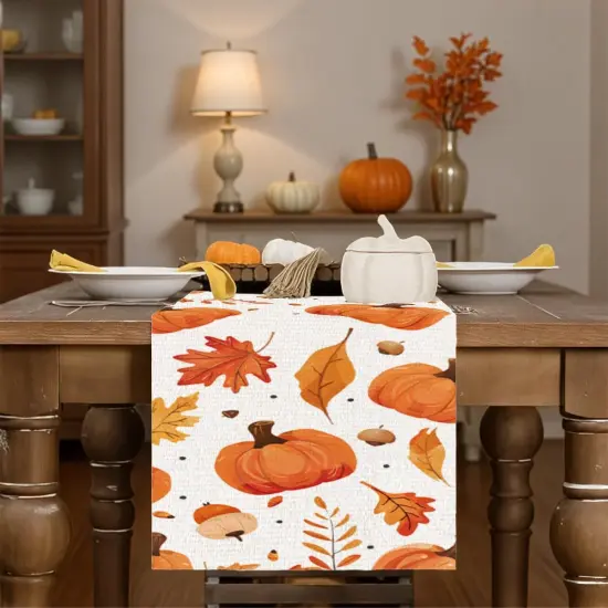 Fall Orange Pumpkin Maple Leaves Table Runner {2}