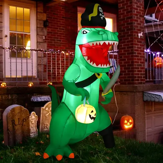 GOOSH 7 FT Halloween Inflatables Dinosaur Blow Up Yard Pirate Dinosaur with Pumpkin Decoration with Built-in LEDs {2}