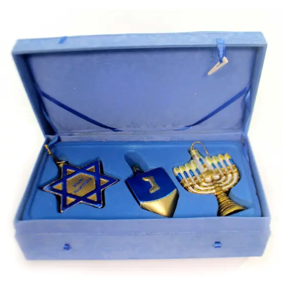 Noble Gems 4.5 Inch Hanukkah Ornament Set/3 Tree Ornament , Menorah Dreidel Star Blue {3}