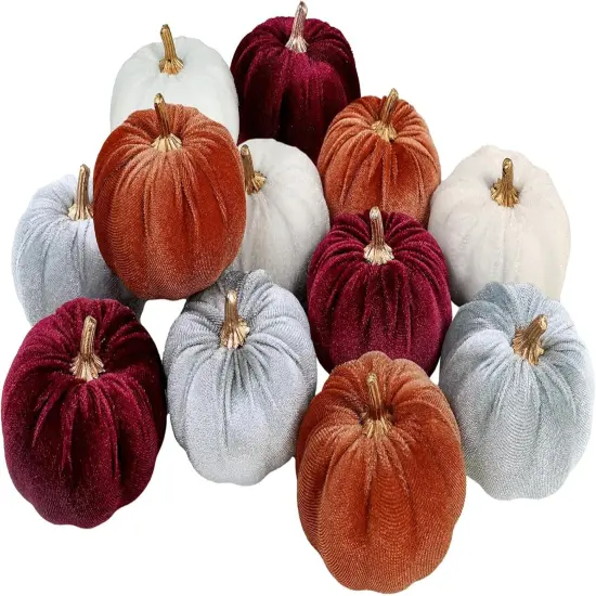 12 Pcs Assorted Small Faux Rustic Velvet Pumpkins Decorative {2}