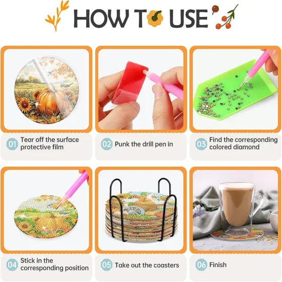 8 Pcs Fall Pumpkin Diamond Painting Coasters Kit for Beginners {3}